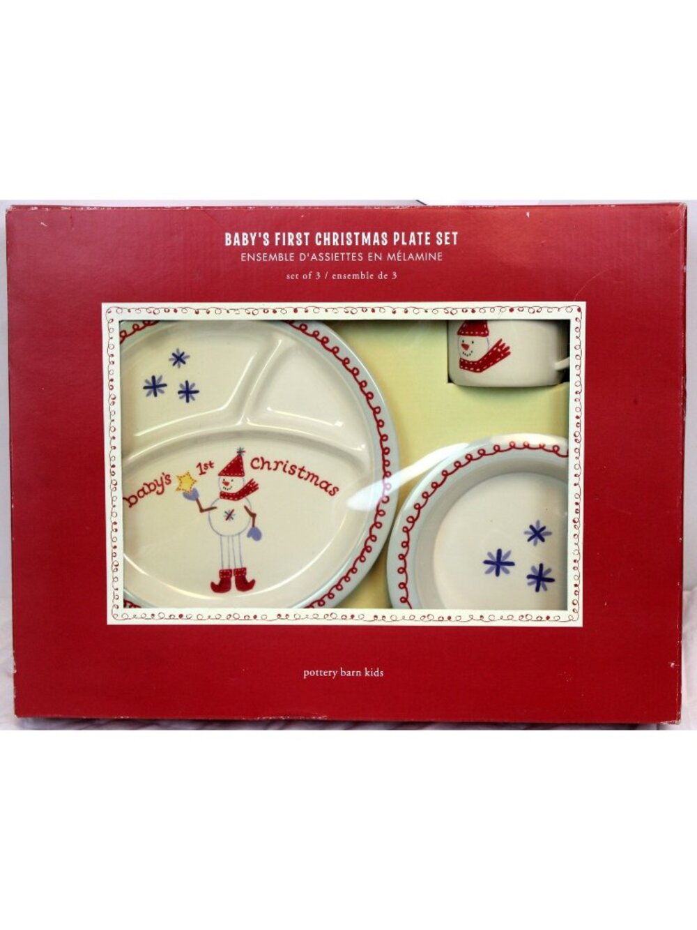 NEW Pottery Barn Kids Babys 1st Christmas Dish Set Snowman Plate Bowl Sippy Cup